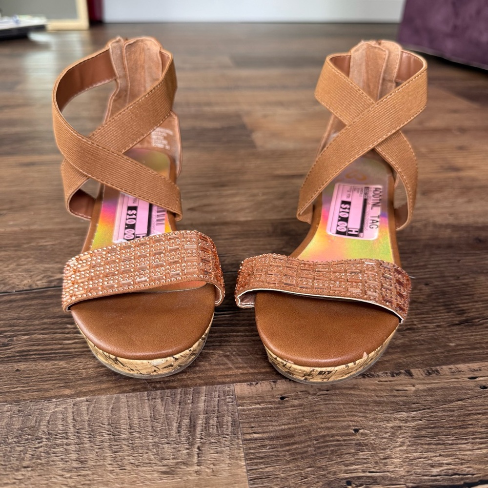 Justice Tan Wedge Sandals            Size 2 Youth - Picture 4 of 12